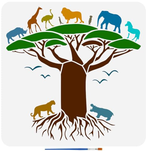FINGERINSPIRE Modèle de Peinture D'Arbre de Vie Avec Pinceau 30X30cm Modèle de Peinture D'Animaux Africains Pochoir Baobab Pochoirs de Animaux Divers Pochoir D'Art DIY Réutilisable pour Plancher Bois
