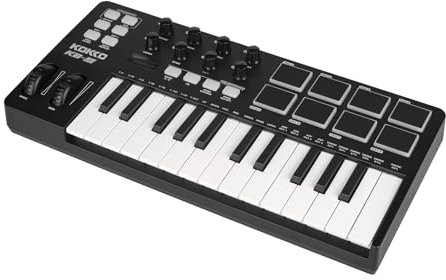 Rankomu synthesizerkeyboard MIDI Keyboard Controller 25 Keys, Portable Beat Maker Machine with Assignable Knobs, Buttons, Faders, USB 5V Power Supply for Music Production