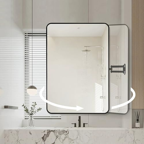 Eckspiegel Fürs Badezimmer, Rechteckiger Schwenkspiegel mit Rahmen Aus Gebürstetem Metall, Schwenkbarer Ausziehbarer Arm, Große Drehbare und Kippbare Spiegel, Vertikal und Horizontal(Black,75x100cm)