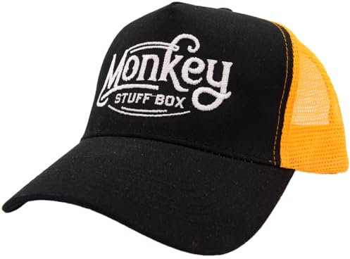 Stuff-Box Snapback Cap Monkey Pop STB-0009 | Trucker Cap mit weißem Stick | Schwarz-Gelb | Mesh-Rückseite | Verstellbar (DE/NL/SE/PL, Alphanumerisch, Einheitsgröße, schwarz)
