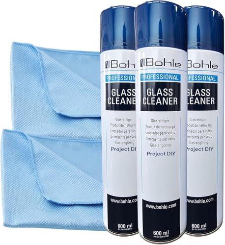 Bohle professional Glass Cleaner 600ml | Streak-Free Foam Spray for Glass, Tiles, Mirrors, Plastics | High Cleaning Power | + 2 Reusable Glass & Window Cloth | Environmentally Friendly (Pack of 3)