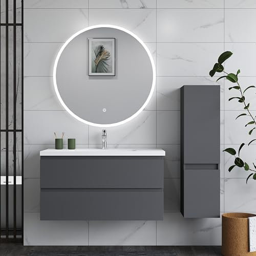 HAPAOSO Ensemble de Meubles de Salle de Bain 99cm avec Colonne et Miroir Blanc dimmable, Coffre 2 tiroirs, Meuble de Rangement Couleur Anthracite