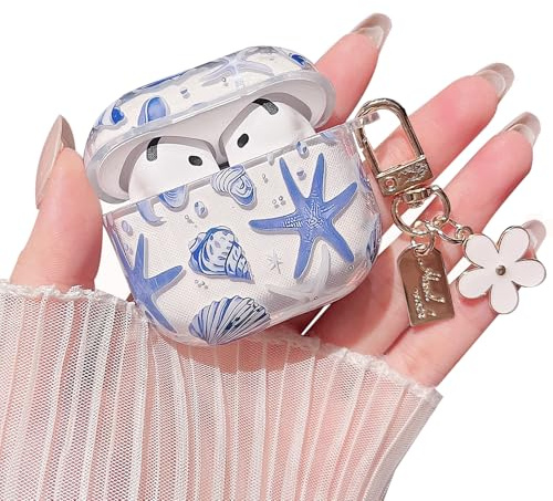 MINSCOSE Kompatibel mit AirPods 4 Clear Case, niedliche schöne Muschel und Starfish Muster Design mit Schlüsselanhänger, weiche TPU Schutz stoßdichte Abdeckung für AirPods 4 für Frauen Mädchen-Blau