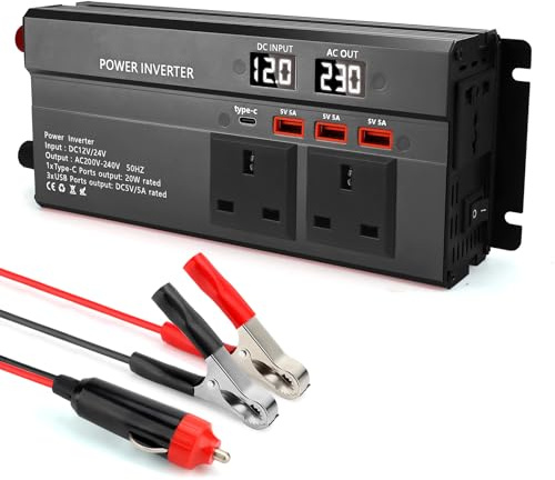 Car Inverter, 1000W Car Power Inverter, 12V/24V to 230V AC Car Converter with 3 Sockets 3 USB,1 Type-C, Dual LED Display, 8 Layer Protection, Ultra Quiet Cooling for RV Truck Camping Travel (Black)