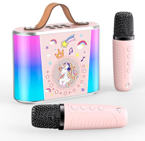 Karaoke Enfant pour Les Enfants de 3 à 15 Ans (Rose) | Mini Karaoké avec 2 Microphones, Effets de Distorsion Vocale et Lumières LED, Jouet Idéal pour Les Filles de 3 à 12 Ans