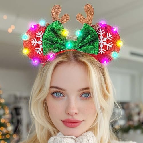Aiosy Light Up Christmas Headband Mouse Ears Hairband Led Deer Antlers Headband Bow Snowflakes Headpiece Xmas Hair Accessories for Women