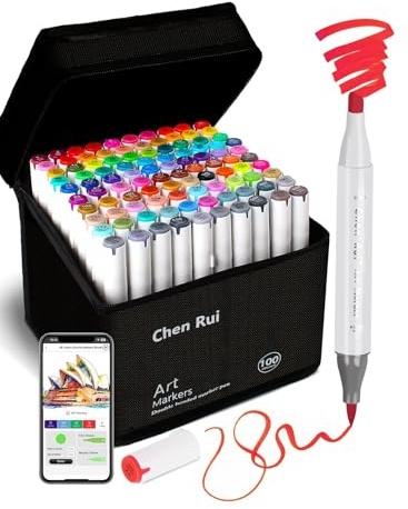 Chen Rui 100 Colours Alcohol Markers Brush Tip with App Colouring Pens | Dual Tip | Non-Toxic | Chisel and Brush Tip | Blendable | Alcohol Based Markers for Adults, Anime, Manga, Drawing, Sketching