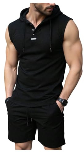 OYOANGLE Men's Sleeveless Workout Hoodie and Shorts Set 2 Piece Outfits Hooded Tank Tops Gym Tracksuit Sweatsuits Black XX-Large