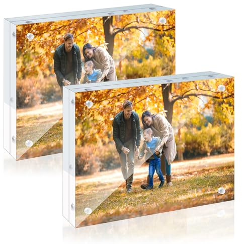 CALLYSONIC 10 × 15 cm Mini Bilderrahmen, 2 Stück Rahmenloser Fotorahmen Klein, Magnetischer Bilderrahmen, Doppelseitiger Transparenter Acryl Fotorahmen für Büro, Zuhause, 8MM+8MM Stärke (Transparent)