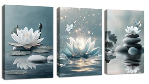 3Pcs Zen Lotus Blumen Schmetterling Meditation Bilder, Weiß Lotus Blühend auf Steinen im See Wandbilder mit Rahmen Modern bild auf Leinwand Wandkunst Kunstdruck Deko für Yoga Heilbad Zimmer 50x70cmx3