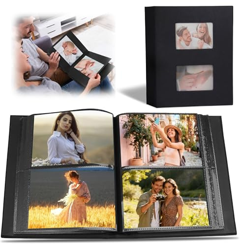 Fotoalbum Einsteckalbum 15x10 cm - 200 Fotos Schwarz | 100 Seiten 50 Blatt mit Frontfenster für Hochzeit Familie Paare Freunde Geschenk