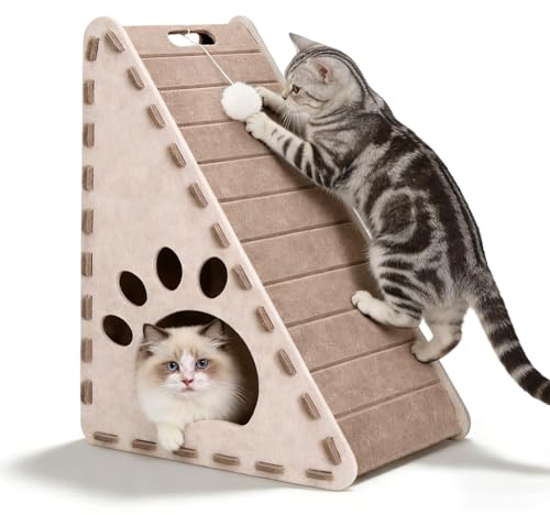 3 en 1 Cat Scratching Board & Felt Triangle Cat House – Rascador vertical para gatos de interior, Scratch Play Rest Cat Furniture Sturdy Easy Clean Cat Scratcher with Ball Toy