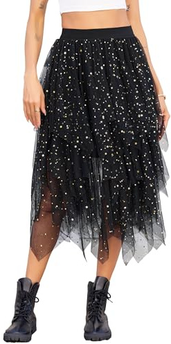 Sopesil Tüll Röcke für Damen Pailletten Tüllrock Layered Puffy Fee Glitzer Röcke Unregelmäßiger Elegant A-Linie Tutu Rock Schwarz S-M