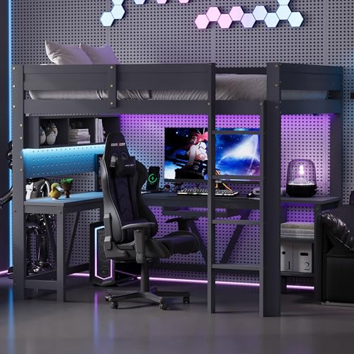 Letto a soppalco 90x200 cm con striscia led e USB,letto a castello con scrivania gaming,vano contenitore,letto singolo bambini con ricarica,più scomparti,struttura in legno,Senza materasso,Grigio