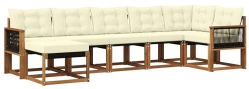 vidaXL Outdoor-Sofagarnitur mit Kissen 7 pcs Natur und Creme, Moderne Loungemöbel für draußen, wetterfestes Sofa, Bequeme Sitzgelegenheit, minimalistisches Gartenmöbel