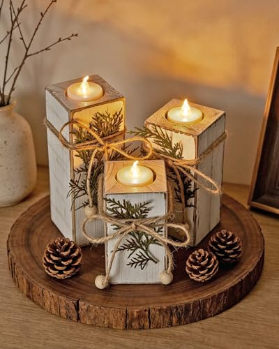 Teelichthalter Holz Set mit 3 echten & 3 LED-Teelichtern, Kerzenständer | Kerzenständer, Tischdeko Landhausstil, Holzdeko Geschenk für Feiertage.