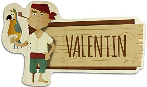 printplanet Türschild aus Holz mit Namen Valentin - Motiv Pirat - Namensschild, Holzschild, Kinderzimmer-Schild