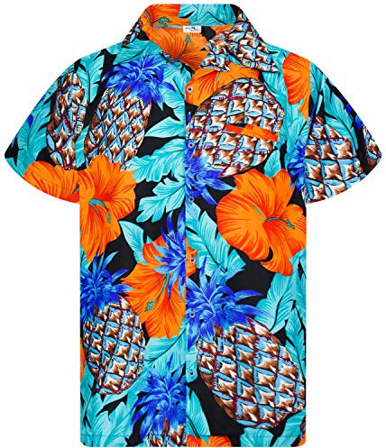 King Kameha Funky Hawaii-Hemd, Herren, Kurzarm, Pineapple-Hibiscus, Schwarz-Türkis, XS