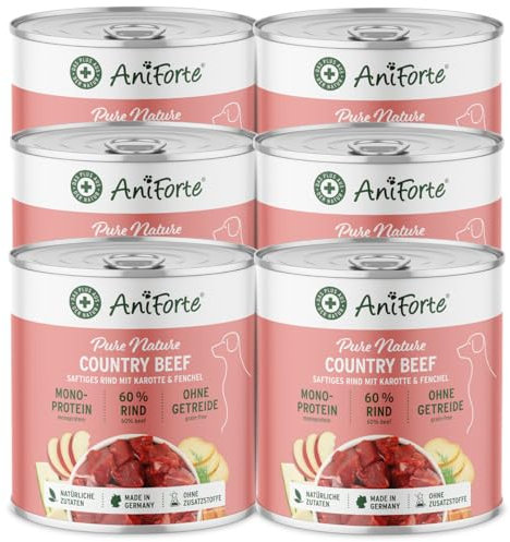 AniForte Hundefutter Nass CountryBeef 6 x 800g – Nassfutter für Hunde, Frisches Rind mit Gemüse & Früchten, hoher Fleischanteil, Natürliches Hundenassfutter getreidefrei