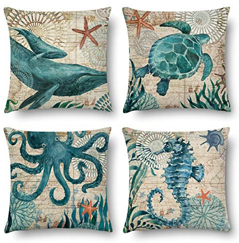 J-MOOSE 4 Stück Ozean Meer Kissenbezug Retro Marine Animal Seeschildkröte Seepferdchen Wal Octopus Muster Dekorative Kissenhülle Baumwolle Leinen Werfen Sie Kissenbezüge 45x45 cm