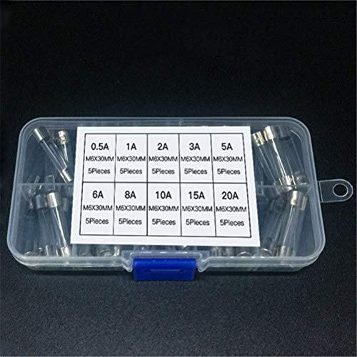 Markcur 50 Stück Glas Feinsicherung Set 6 x 30mm Glasrohrsicherung Sortiment Glassicherung mit Aufbewahrungbox