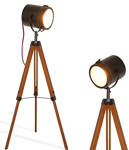 Industrial Tripod Wood Floor Lamp with Foot Switch - Modern Adjustable Height Tall E27 Table Lamp Searchlight - Vintage Spotlight Standing Reading Desk Light Decor for Living Room Restaurant Office
