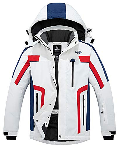 Wantdo Homme Veste de Ski Imperméable Manteau Hiver Parka Blanc+Rouge XL