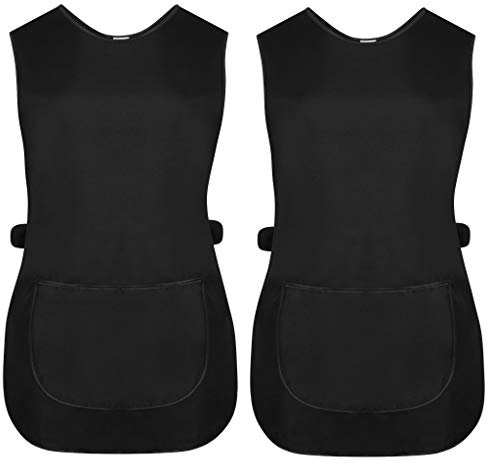 Pack of 2 Ladies Womens Tabards Black Kitchen Cleaning Chef Overall Catering Tabard Apron With Pocket Side Button Fastening (Black/Pack of 2, L)