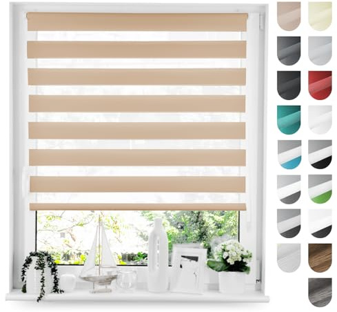 Tom'Shop Doppelrollo Klemmfix ohne Bohren Beige 70cm x 220cm | Duo Rollo mit Klemmträger Fensterrollo Seitenzugrollo für Lichtschutz Sichtschutz Sonnenschutz leichte Montage