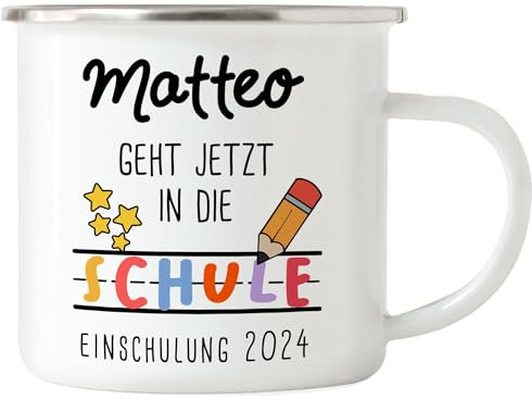 Kiddle-Design Einschulung Emaille Tasse Schulanfang 2025 Personalisiert Name & Jahr | Geschenk-Idee für das Schulkind Einschulungsgeschenk
