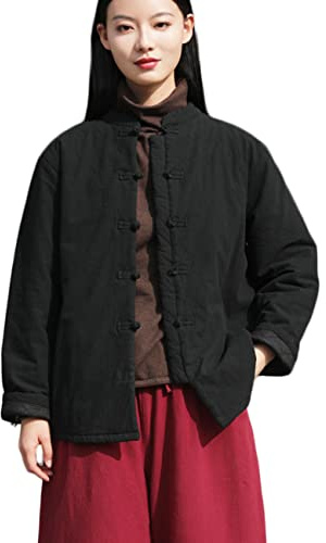 NFYM Women's Lighweight Cotton Padded Coats Cotton Linen Chinese Tang Suit Style Morning Exercise Tai Chi Jackets, Black, One size