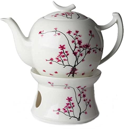 Dekomiro TeaLogic Cherry Blossom Tekanne 2L mit passendem großem Stövchen und Glasrieinigungstuch gratis
