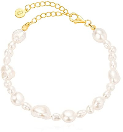 Brandlinger Perlenarmband Damen Silber 925. Armband Perlen vergoldet mit 18 Karat Gold, Schmuck für Frauen und Mädchen. Länge verstellbar 16-20cm. (Gemischte Perlen)