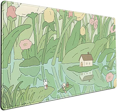 Kawaii Green Desk Mat Cute Mouse Pad Japanese, Flowers and Plants Keyboard Mat, Anime Aesthetics Large Mousepad XXL Gaming Desk Pad XL Office Home Decor for Women Girls Keyboard Pad 31.5x15.75