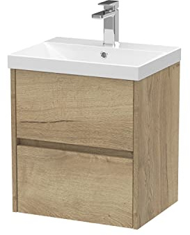 Hudson Reed HAV802D Havana Modern Bathroom Wall Hung 2 Drawer Vanity Basin Unit & Thin-Edge Ceramic Basin, 500mm, Woodgrain Autumn Oak