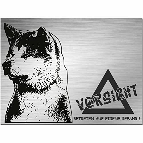 Indigos UG - Schild Akita Inu - bedruckt - Vorsicht Betreten auf eigene Gefahr! - Aluverbundplatte Edelstahl Look - 20x15 cm - Spruch - Deko Geschenkidee für Ihren Hund - Zaun - Türschild