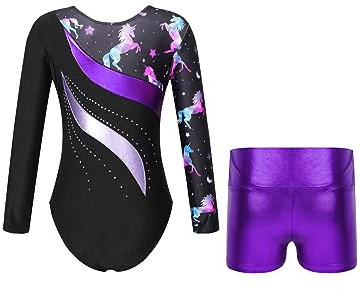 iEFiEL Mädchen Turnanzug Langarm Gymnastik Trikotanzug Glänzende Turnen Set Klassisch Gymnastikanzug Kinder Tanzbody Xc Nachtpegasus 98-104