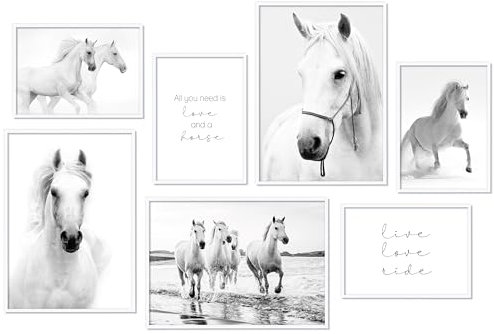 Hyggelig Home Premium Poster Set - 7 passende Bilder im stilvollen Set - Collage Deko - Set Pferde - mit Rahmen weiss