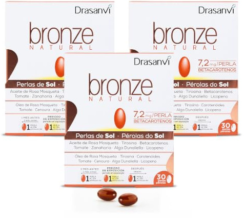 BRONZE Acelerador de bronceado | Betacarotenos | Protege la Piel de Rayos UVA y Previene el Envejecimiento |Rosa Mosqueta, Tomate, Zanahoria y Alga Dunaliella, Vit. E, Licopeno, Luteína| 3 x 30 dias