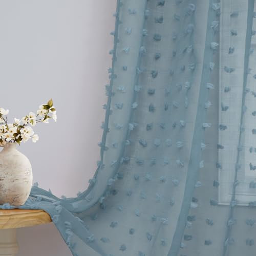 DANCURTON Durchsichtige Vorhänge mit Bommel, Steinblau, B 52 x L 84 cm