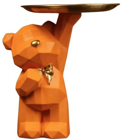 BLOOOK Statue Skulptur,Bär Figur Dekorative Tablett,Bären Skulpturen mit Dekotablett,Teddy Bär Deko Figuren Schlüsselschale,Dekoschale für Dessert Kosmetik Schmuck Kerzen (Orange (A))