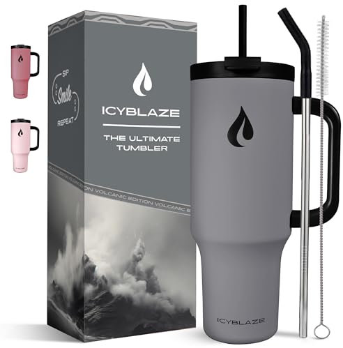 ICYBLAZE 40oz Tumbler with Straw and Lid | 2 Straws & Handle | Travel Mug | Insulated Coffee Cup | Flasks for Hot and Cold Drinks | Iced Coffee Cup | BPA-Free (Volcanic Grey)