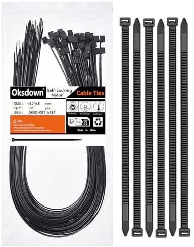 Oksdown Fascette stringicavo da 450 mm x 4,8 mm, in plastica di nylon resistente, autobloccante, 45 cm, extra lunghe, confezione da 50