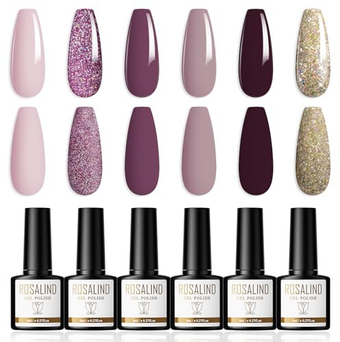 ROSALIND Semipermanente Unghie 6 Colori Smalti Semipermanenti per Unghie Viola Intenso Lilla Oro Glitter Smalto Semipermanente Gel Nail Polish Soak Off UV LED, 8ml