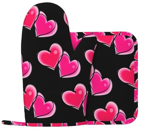 Two Pink Hearts Oven Mitts and Pot Holder 2-Piece Set,for Cooking Barbecue, Pot Lid, Microwave,Heat-Resisting