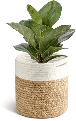 TIMEYARD Blumentopf, Korb Aufbewahrung, Pflanzkorb, Übertopf Korb, Baumwolle Seil Aufbewahrungskorb Geflochten für Spielzeug Decken im Kinderzimmer, 21 x 21 cm, Weiß & Jute