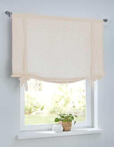 Raffrollo Raffgardine Schleife Cottage weiß beige Natur Landhaus Vorhang Tunnelzug Baumwolle kariert Blickdicht Breite 45 cm x Höhe 100 cm