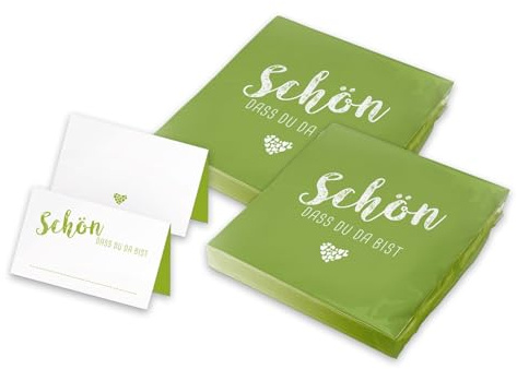 itenga Tischdeko Set - Servietten Schön dass du da bist 30 x 30cm 3-lagig 40 Stück und 48 passende Tischkarten für Kommunion Konfirmation Hochzeit Taufe und andere Feiern (frühlingsgrün)