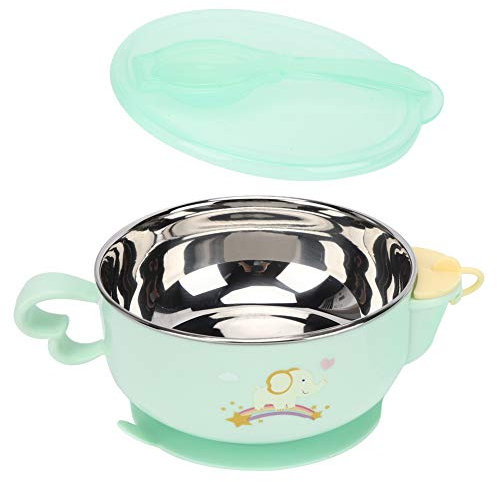 Tazones de protección térmica para bebé con succión extraíble, cuenco de protección térmica por inyección de agua con tapa y cuchara para niños pequeños, 400 ml, Cuenco Inox Elefante Verde