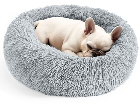 Hoewina Dog & Cat Bed for Indoor Cats, 20in Calming Donut Bed for Puppy and Kitten, Washable Round Fluffy Pet Bed for Small Medium Dogs and Cats (Light Grey)
